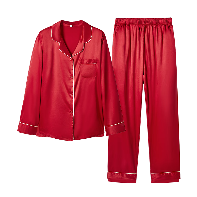 都市丽人睡衣女套装本命年马年红色内衣仿真丝长袖薄款新年家居服2H30C5