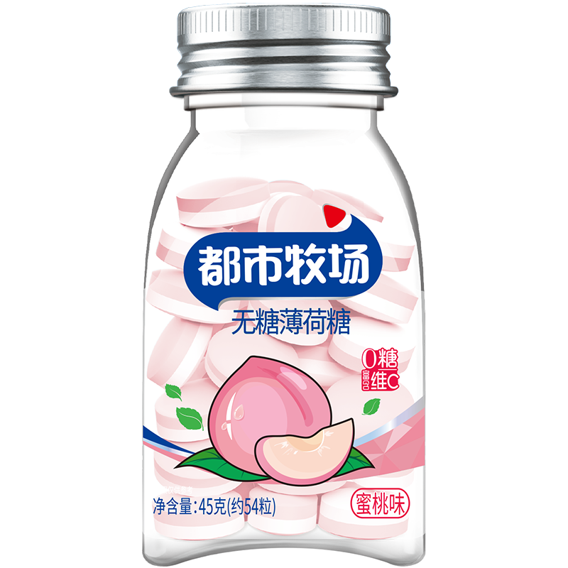 都市牧場(chǎng) 無(wú)糖薄荷糖  水蜜桃味 45g  維生素C口香糖水果味休閑零食糖果