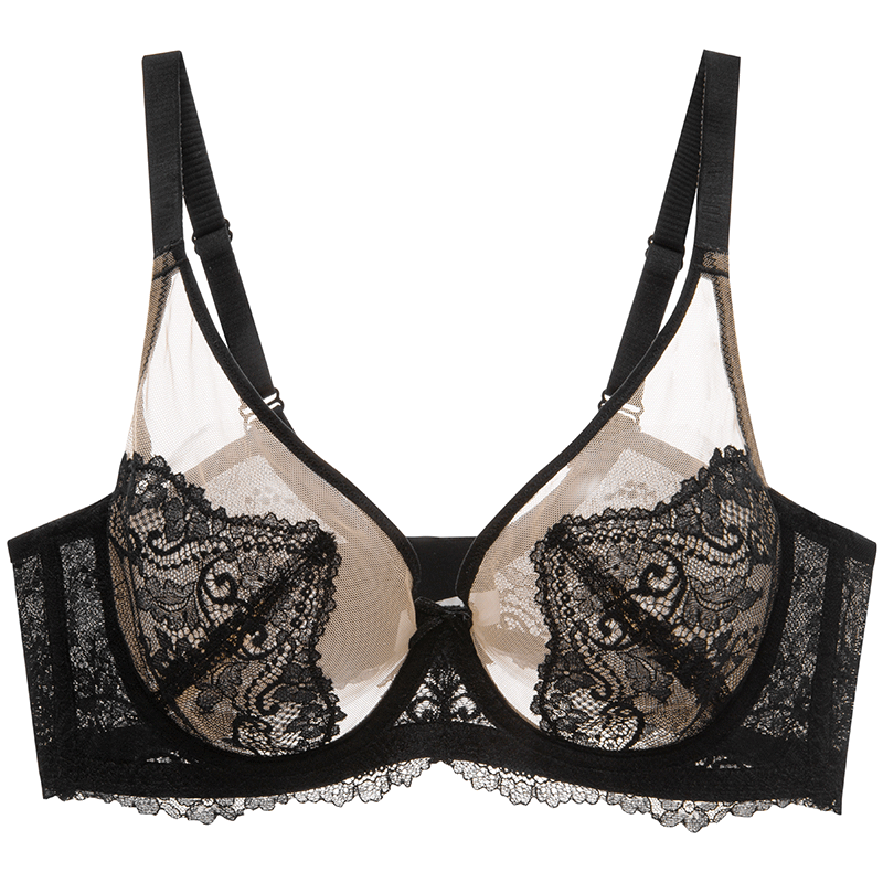 歐迪芬（Ordifen）秋冬女超薄性感文胸柔軟透氣蕾絲大胸顯小舒適軟鋼圈全罩杯胸罩 黑色 75B (160)