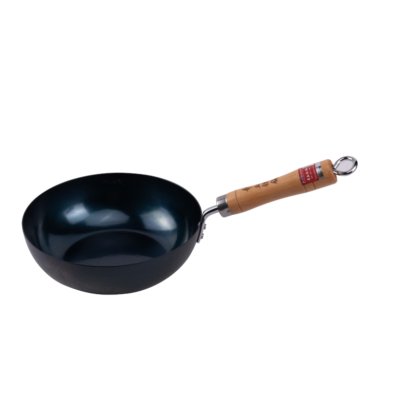 章丘鐵鍋手工鐵鍋煎鍋平底小鐵鍋無(wú)涂層不易粘鍋炒鍋廚房好物 小古斗 木把黑套裝 28cm