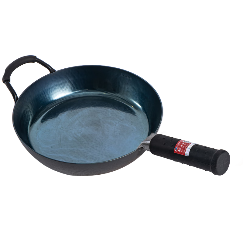 章丘鐵鍋手工小平底輔食鍋煎鍋烤肉鍋煎蛋鍋無(wú)涂層物理不粘鍋炒鍋平底鍋 烤藍鐵把加鍋耳 28cm