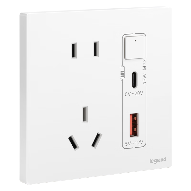 羅格朗（LEGRAND）開關(guān)插座快充五孔插座面板仕典Pusl通用USB+typec雙口45W電源86型 仕典Plus陶瓷白45W快充插座