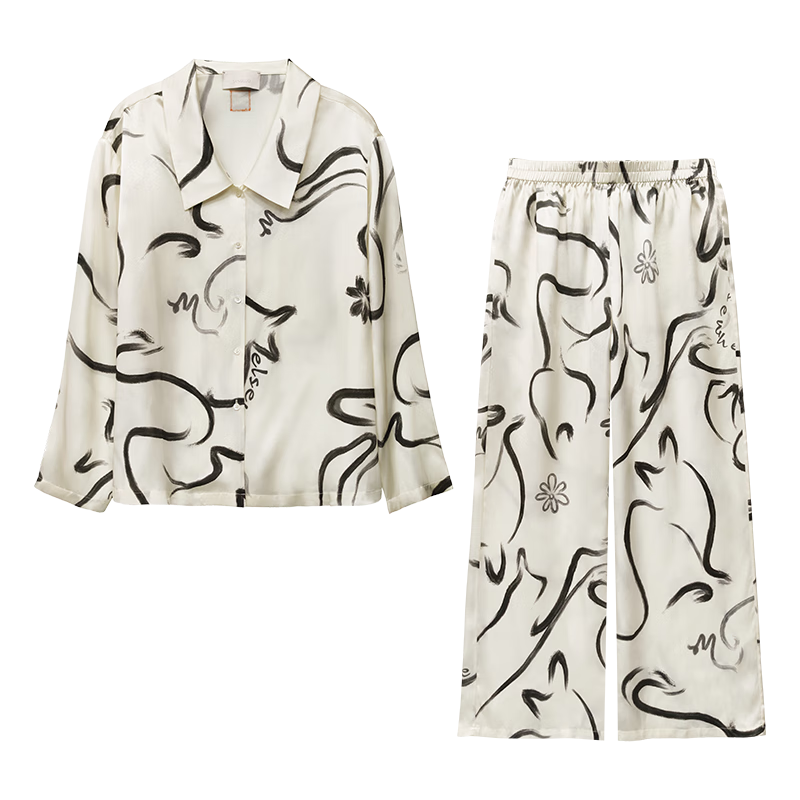 桑罗真丝睡衣套装猫女士可外穿100%桑蚕丝家居服 黑白猫咪雏菊 S