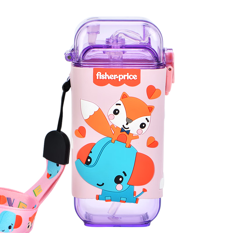 Fisher-Price儿童水杯Tritan材质吸管杯费雪中小学生喝水塑料杯子280ML方形紫