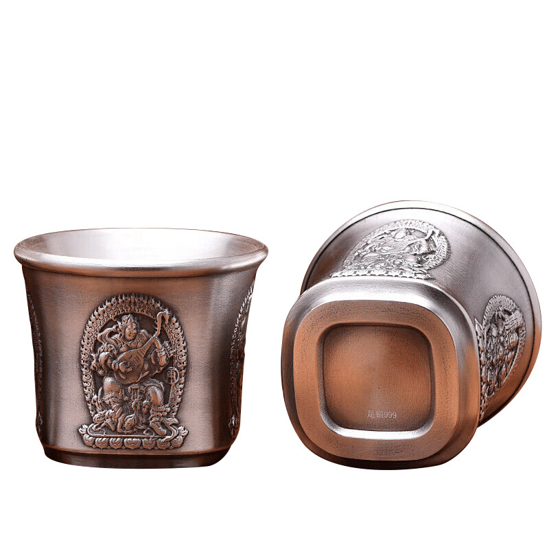 莉翠行銀茶杯999純銀主人杯銀酒杯家用隔熱禮品杯單杯長輩禮物 單杯四大天王 33克 35毫升（雙層版）+證書 禮盒