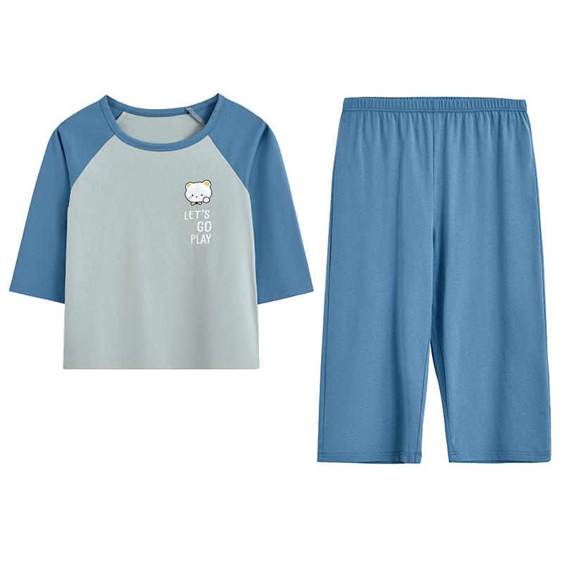 MQD男童儿童睡衣男孩纯棉七分袖春夏薄款居家套装中大童全棉家居服 山绿字母 150/75