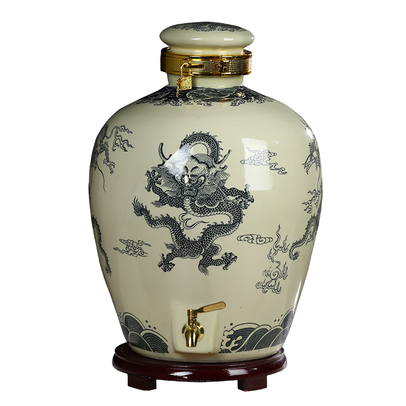 瓷蕓景德鎮(zhèn)陶瓷酒壇泡酒專用酒瓶家用密封白酒酒罐酒壺藥酒容器大酒缸 龍行天下-30斤帶龍頭（黃釉）