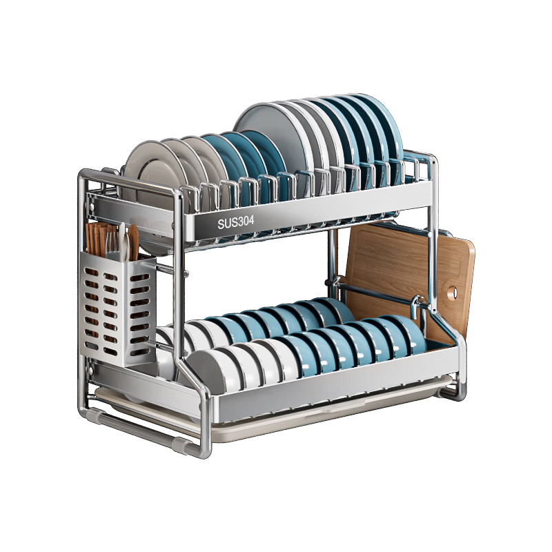 四季沐歌304不锈钢厨房置物架碗架沥水碗碟架台面收纳柜架刀架碗具餐盘架 【304钢】+实心加粗钢管+2层全配