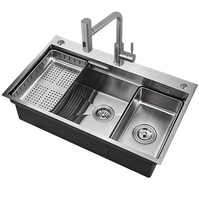 潛水艇（Submarine）不銹鋼水槽 手工臺上大單盆雙階槽中槽荷葉疏水技術(shù)帶下水套餐 【三孔】單槽7848+瀑布出水抽拉龍頭