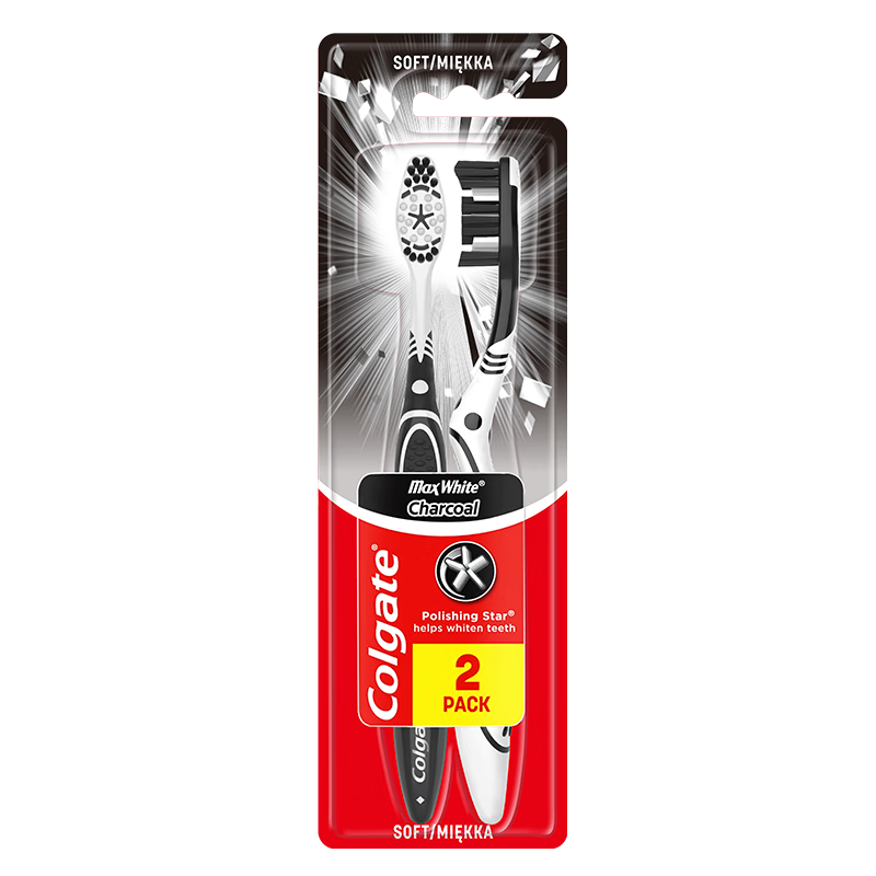 高露潔（Colgate）牙刷男士 去牙漬亮白牙齒清潔煙漬茶漬成人軟毛含炭刷絲2支