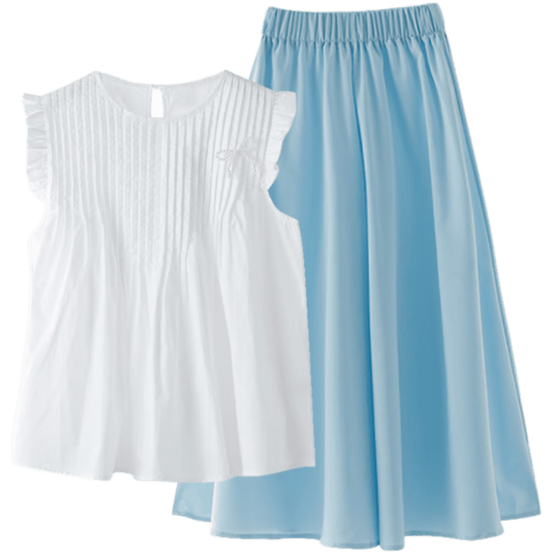 優(yōu)優(yōu)1點（Yoyo one）女童夏季洋氣套裝大童女孩新款冰絲闊腿裙褲兒童夏裝時髦褲裙 2170藍色+9992白色 150