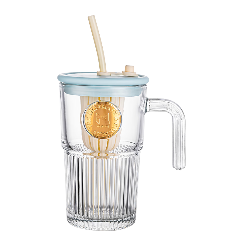 樂唯詩ins風大容量帶蓋帶吸管豎條紋玻璃杯高顏值冷飲杯果汁咖啡杯水杯 樂美吸管杯【炫彩】530ml1只