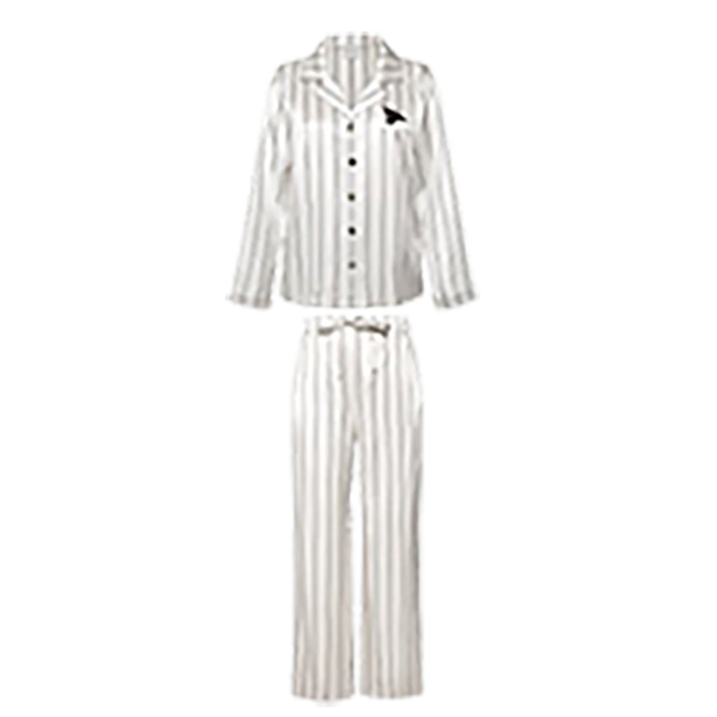 野獸派（THE BEAST）躲貓貓白條紋印花22姆米真絲情侶睡衣長(cháng)袖長(cháng)褲家居服生日禮物