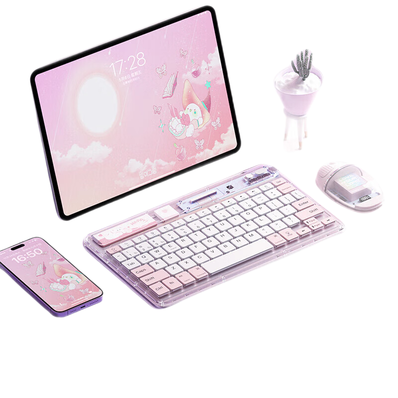 科技魚 ipad pro鍵盤air6/5/4無線藍(lán)牙鍵盤適用于蘋果平板小米華為可充電透明鼠標(biāo)套裝靜音辦公便攜 【超值組合】透粉色鍵盤+鼠標(biāo)套餐