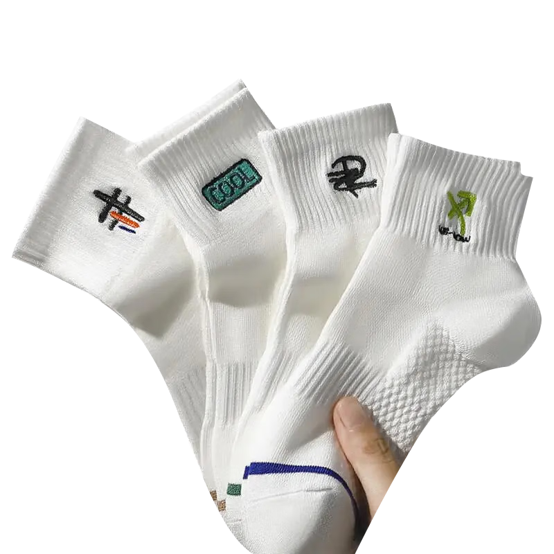 虫儿袜子男短袜夏季薄款纯棉7a抗菌防臭袜白色刺绣学生透气运动中筒袜
