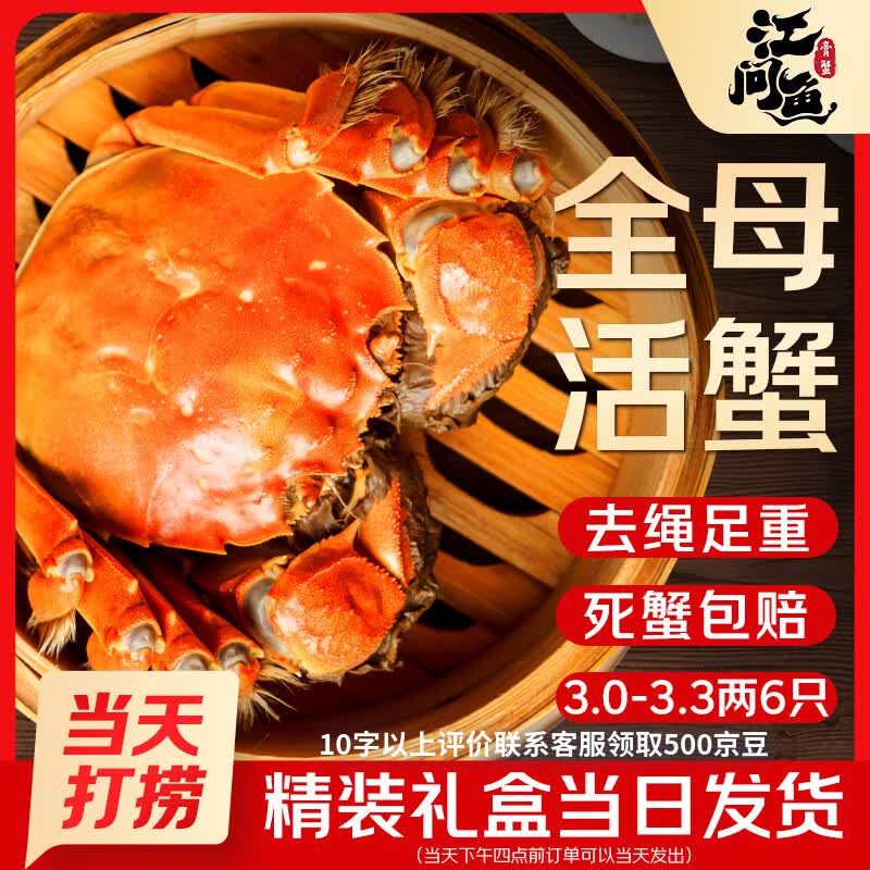 【活蟹】江问鱼 大闸蟹全母3.0两-3.3两 6只装  鲜活螃蟹生鲜礼盒送礼优选去绳足重