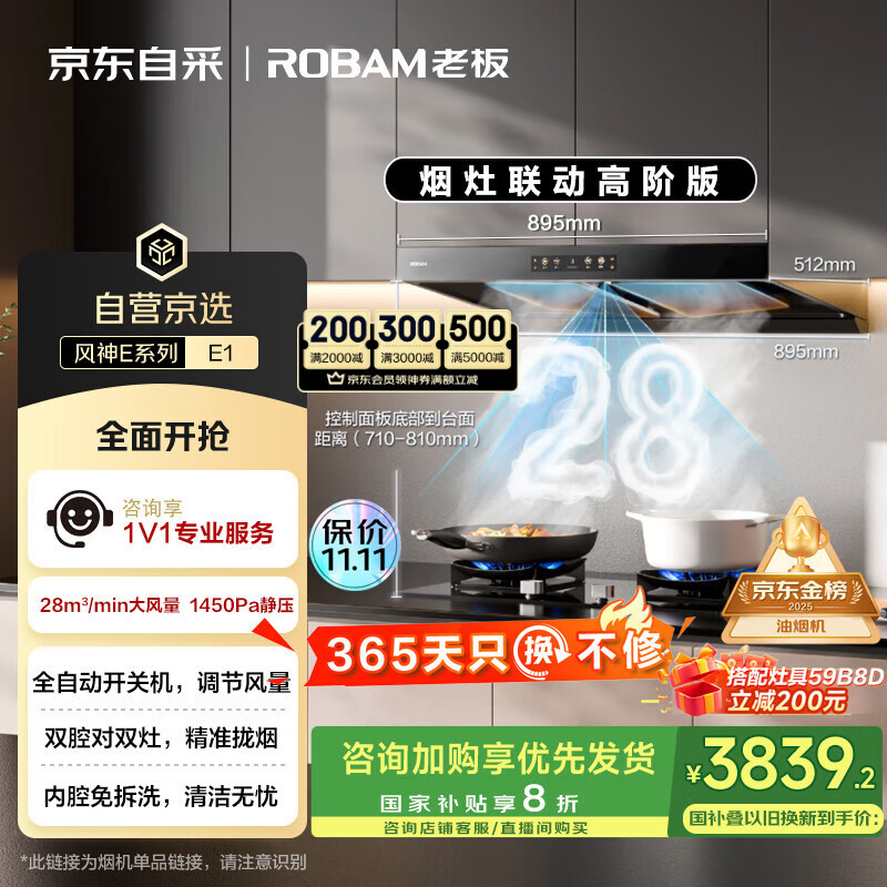 老板【风神E系列】E1油烟机抽油烟机国家补贴欧式双子星双腔抽吸排家用一级能效28大吸力烟灶联动
