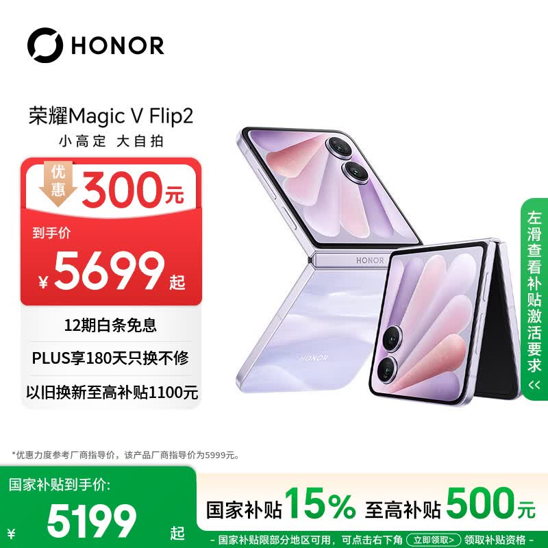 荣耀Magic V Flip2 小折叠屏 国家补贴 AI 2亿写真自拍 5500mAh青海湖电池 12+512晨曦紫 拍照 5G手机