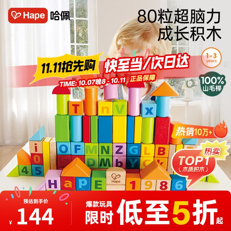 Hape(德国)进口山毛榉木质玩具80粒数字字母积木男女孩生日礼物E8022