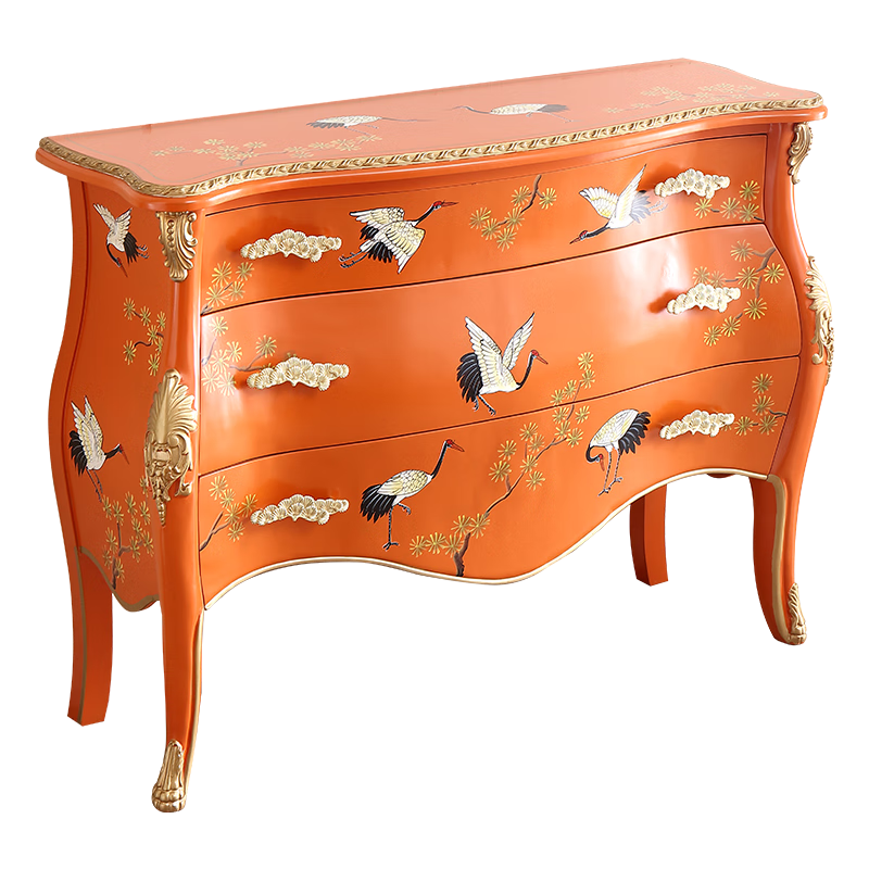 品涵藝術(shù)2026新款法式中國(guó)風(fēng)復(fù)古橙彩繪仙鶴入戶玄關(guān)門(mén)廳柜臥室床尾電視柜 1000*400*760松鶴延年橙