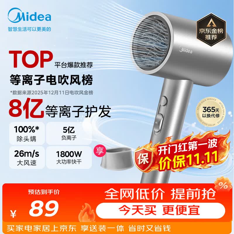 美的（Midea）8亿等离子护发电吹风 家用负离子护发吹风筒 1800W大功率快干吹风机FJ308银 节日礼物