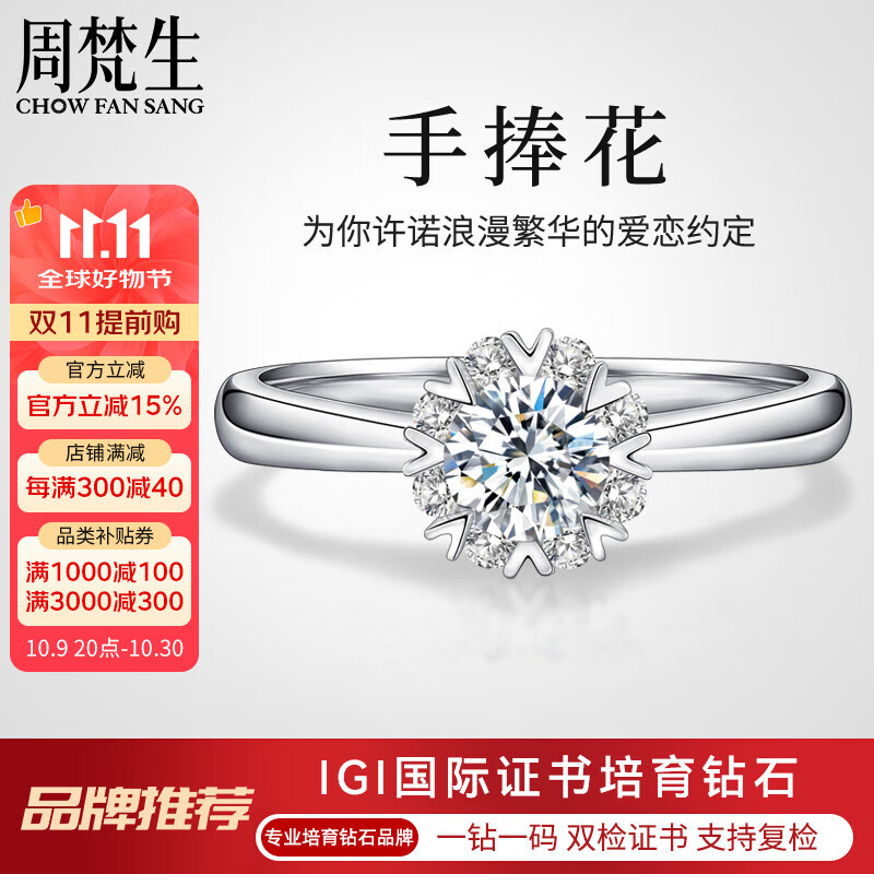 周梵生18K金人工培育钻石戒指女一1克拉显大人造结婚钻戒女戒生日送老婆 主钻1.5克拉 D/VVS/3EX/N