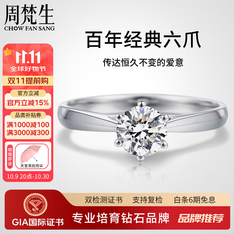周梵生【GIA证书】人工培育钻石戒指18K金皇冠六爪1一2克拉人造钻戒女戒 主钻2克拉 E/VS/3EX/N
