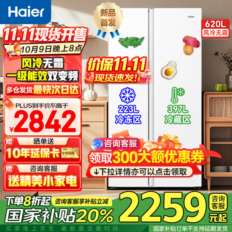 海尔冰箱620L双开门对开门纤薄一级能效双变频风冷无霜大容量节能保鲜家用冰雪白 国家补贴 以旧换新 620升大容量+黑金