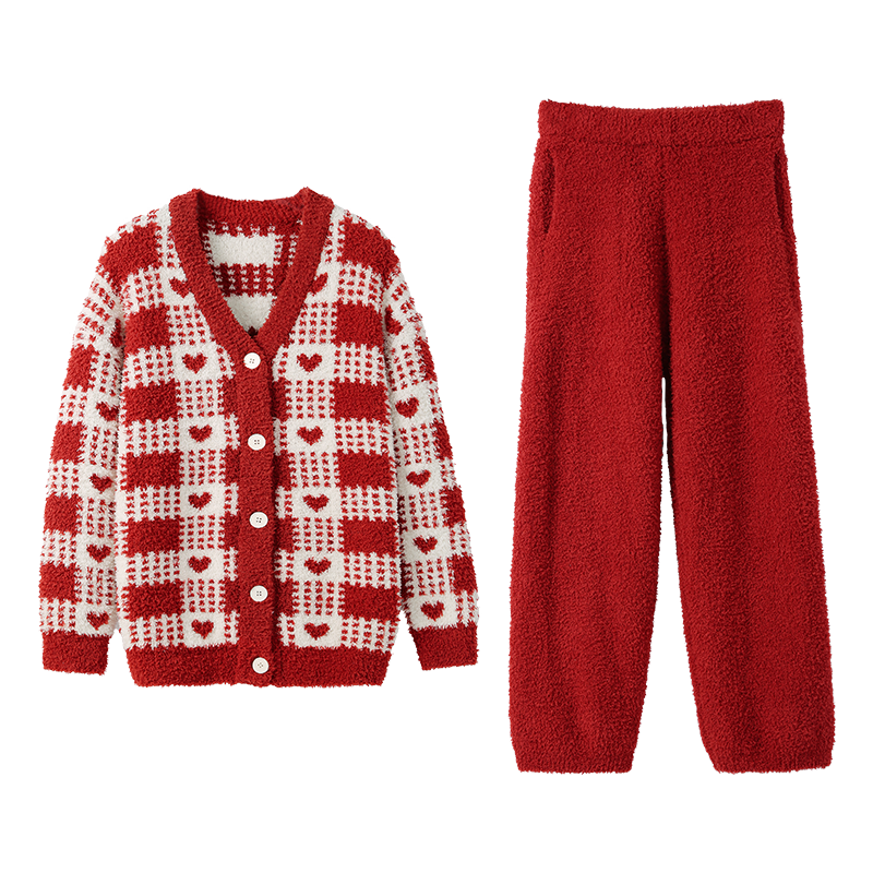 安之伴情侶睡衣冬季保暖半邊絨喜慶大紅甜美休閑女士家居服可外穿