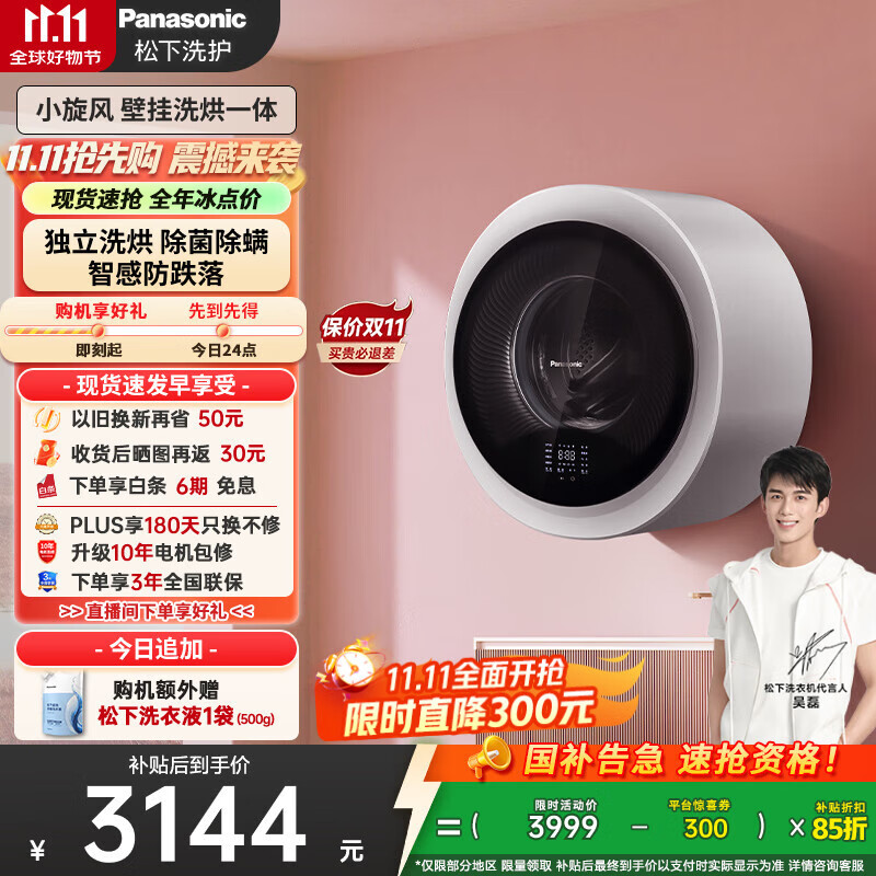 松下（Panasonic）【吴磊同款】滚筒壁挂洗衣机3kg全自动洗烘一体 迷你小型内衣洗衣机带烘干以旧换新国家补贴AD5