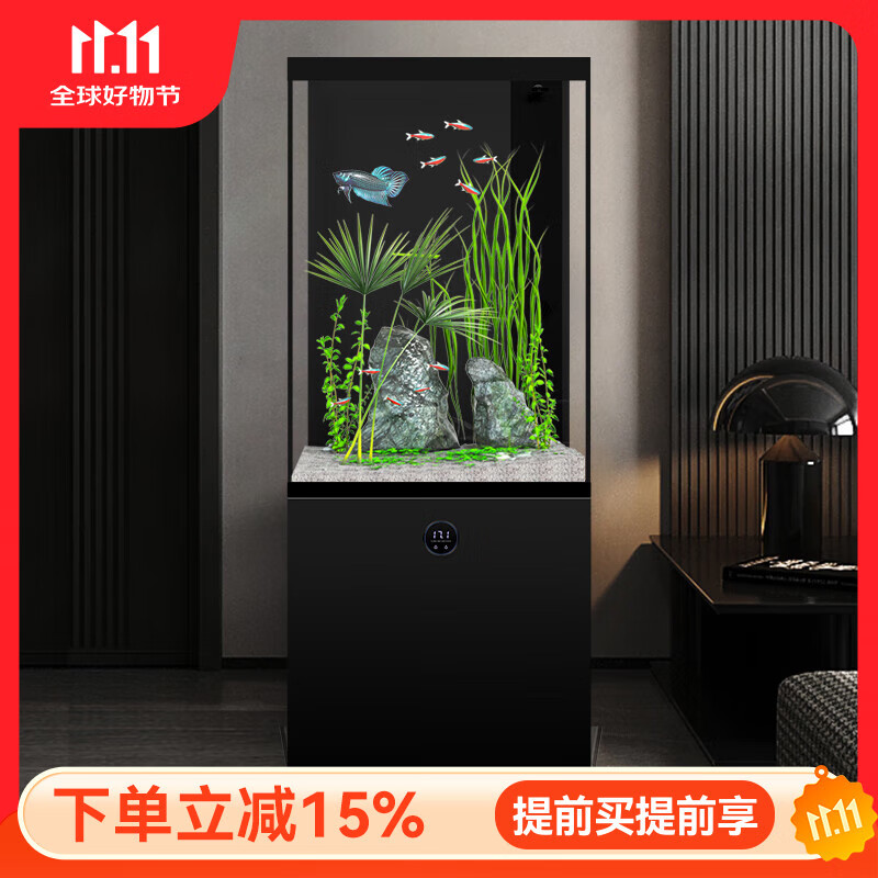 漢霸2025新款底濾魚缸客廳家用小型超白玻璃造景水族箱智能落地 【亮黑色】底濾*到手就養(yǎng)魚 40x40x140cm