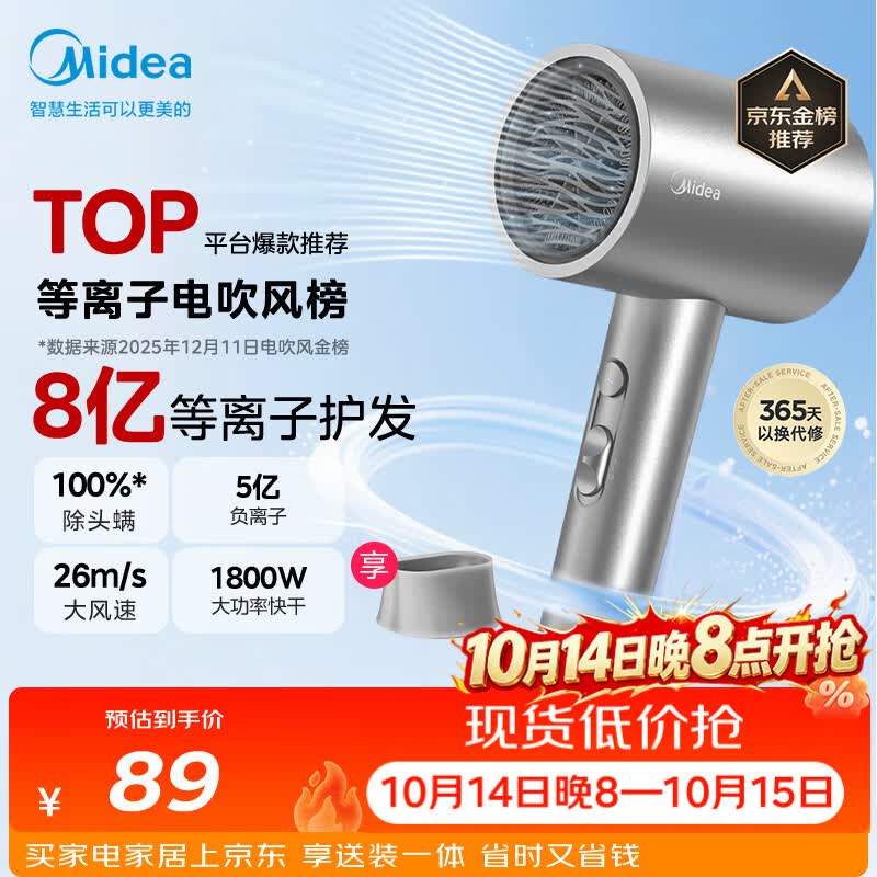 美的（Midea）8亿等离子护发电吹风 家用负离子护发吹风筒 1800W大功率快干吹风机FJ308银 节日礼物