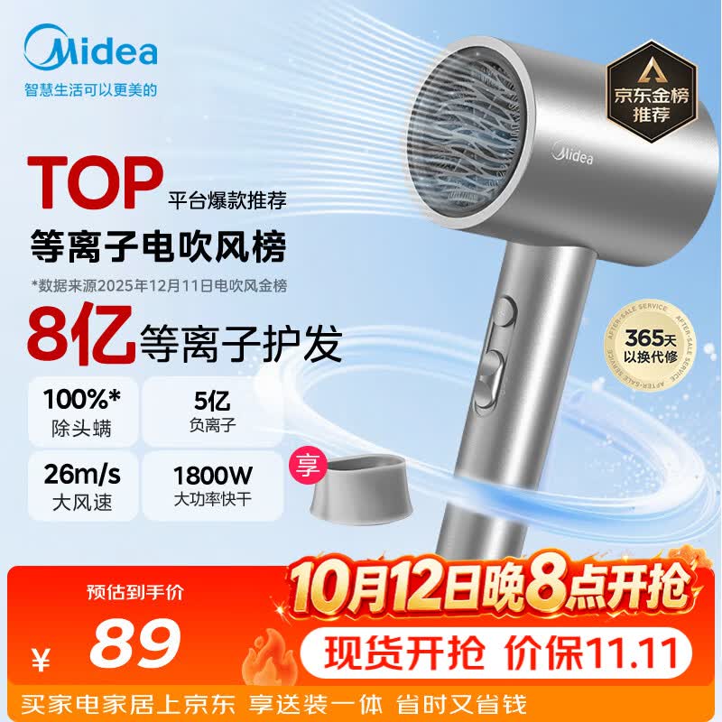 美的（Midea）8亿等离子护发电吹风 家用负离子护发吹风筒 1800W大功率快干吹风机FJ308银 节日礼物