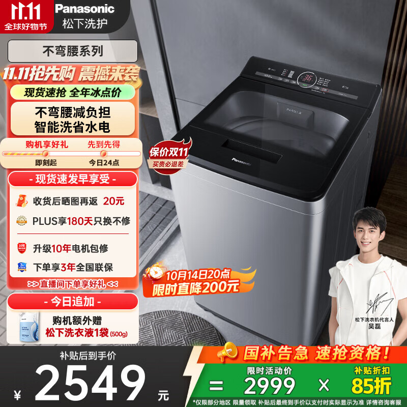 松下（Panasonic）【吴磊推荐】波轮洗衣机全自动10公斤大容量 智能毛毯洗内衣洗衣机 国家补贴不弯腰XQB100-