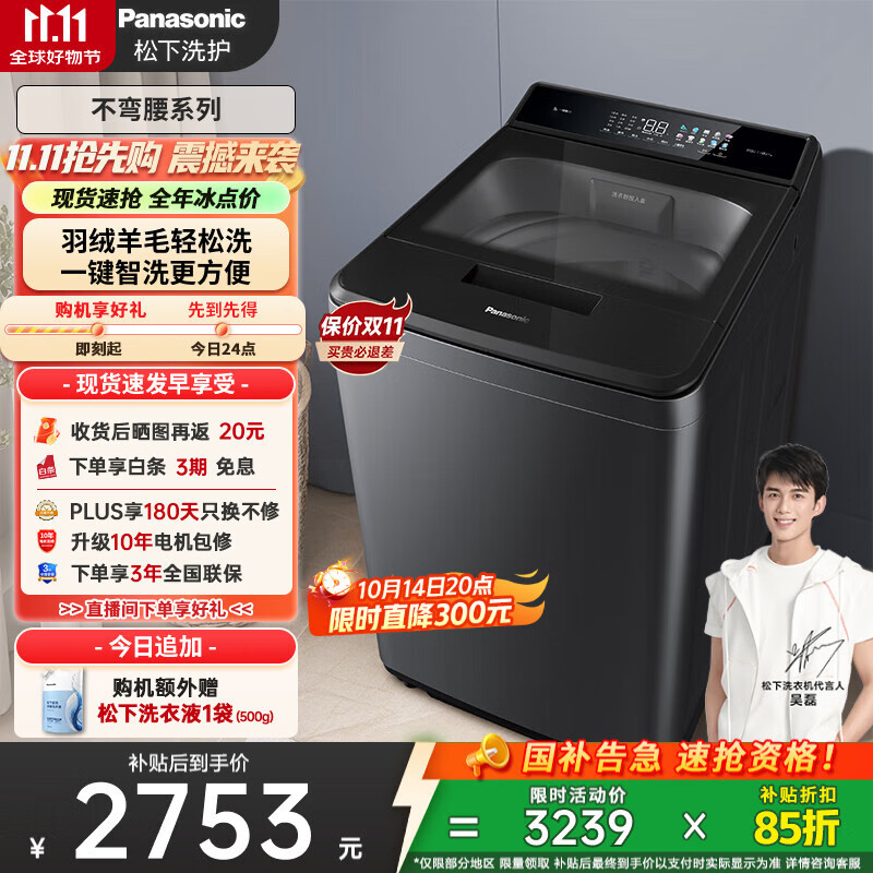 松下（Panasonic）【吴磊推荐】波轮洗衣机全自动10公斤 毛毯羽绒羊毛洗 触控操作内衣洗衣机不弯腰 国家补贴 U1