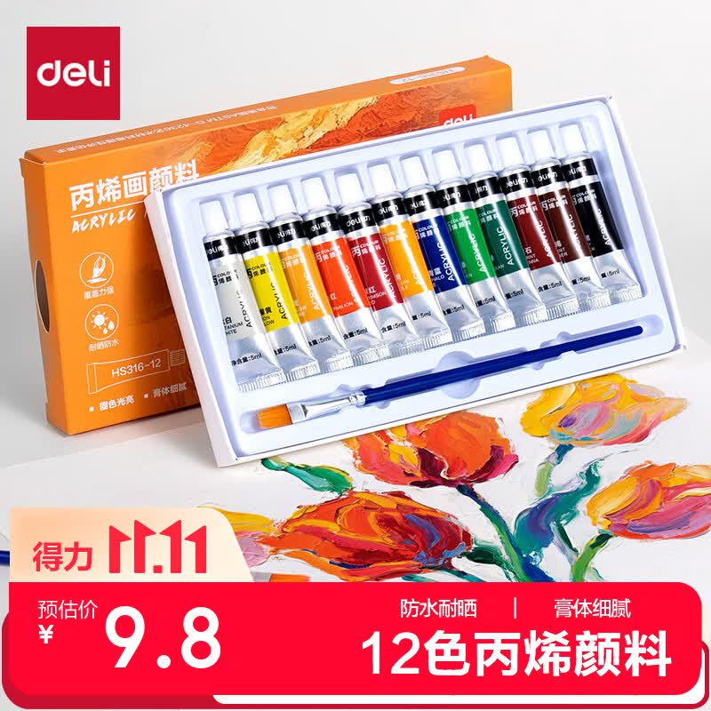 得力（deli）12色5ml铝塑管装丙烯颜料初学入门套装绘画丙烯画改鞋写生黑板报墙绘手绘儿童HS316-12美育工具