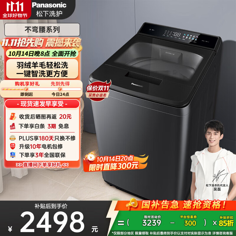 松下（Panasonic）【吴磊推荐】波轮洗衣机全自动10公斤 毛毯羽绒羊毛洗 触控操作内衣洗衣机不弯腰 国家补贴 U1