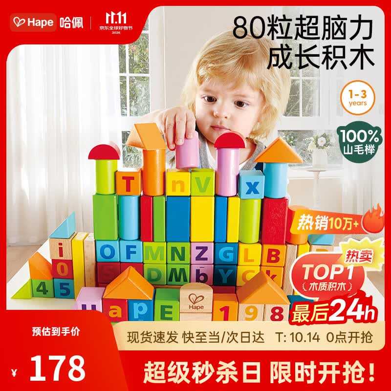 Hape(德国)进口山毛榉木质玩具80粒数字字母积木男女孩生日礼物E8022