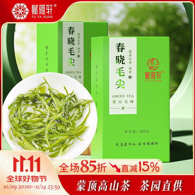 赋雅轩绿茶茶叶特一级明前高山毛峰毛尖四川蒙顶山茶自己喝炒青浓香型 推荐装-大份量 250g*2盒