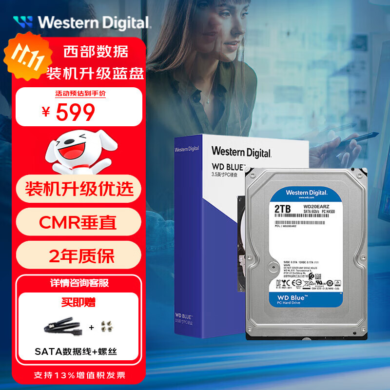 西部数据（WD）台式机蓝盘 WD Blue 3.5英寸家用存储蓝盘 1T全新 6T内置电脑CMR垂直机械2T硬盘 SATA接口蓝盘4T   2TB WD20EARZ
