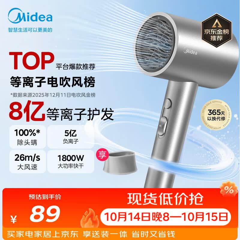 美的（Midea）8亿等离子护发电吹风 家用负离子护发吹风筒 1800W大功率快干吹风机FJ308银 节日礼物