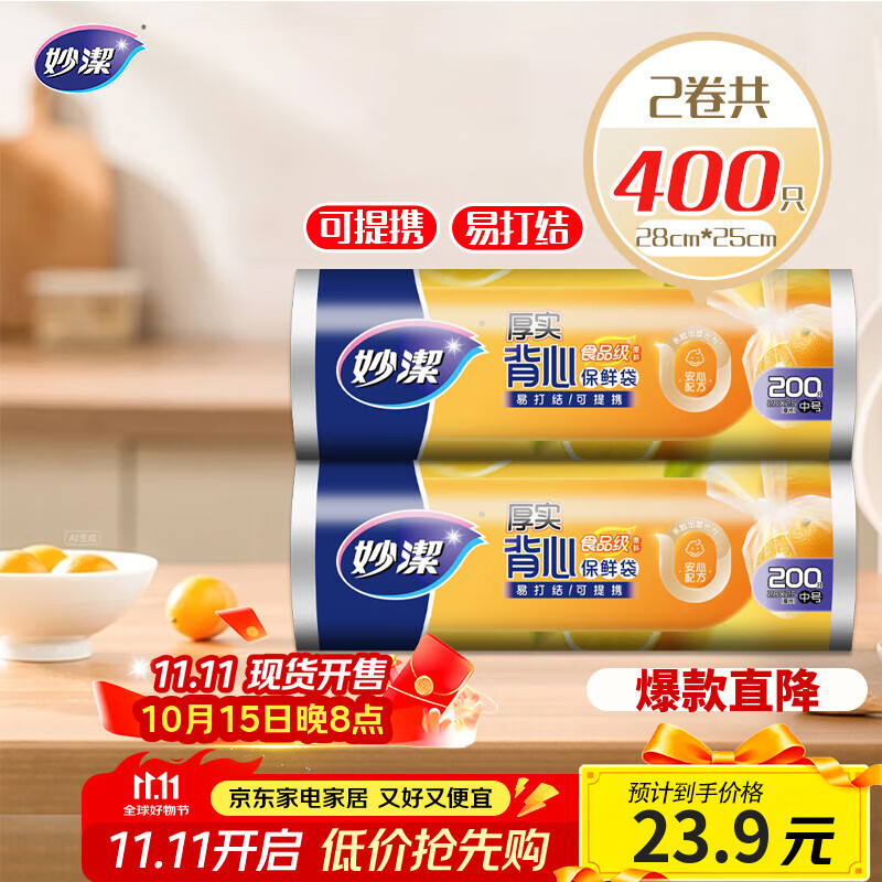妙洁 背心式保鲜袋食品袋 可提携易打结 中号 2卷组合装 400只装