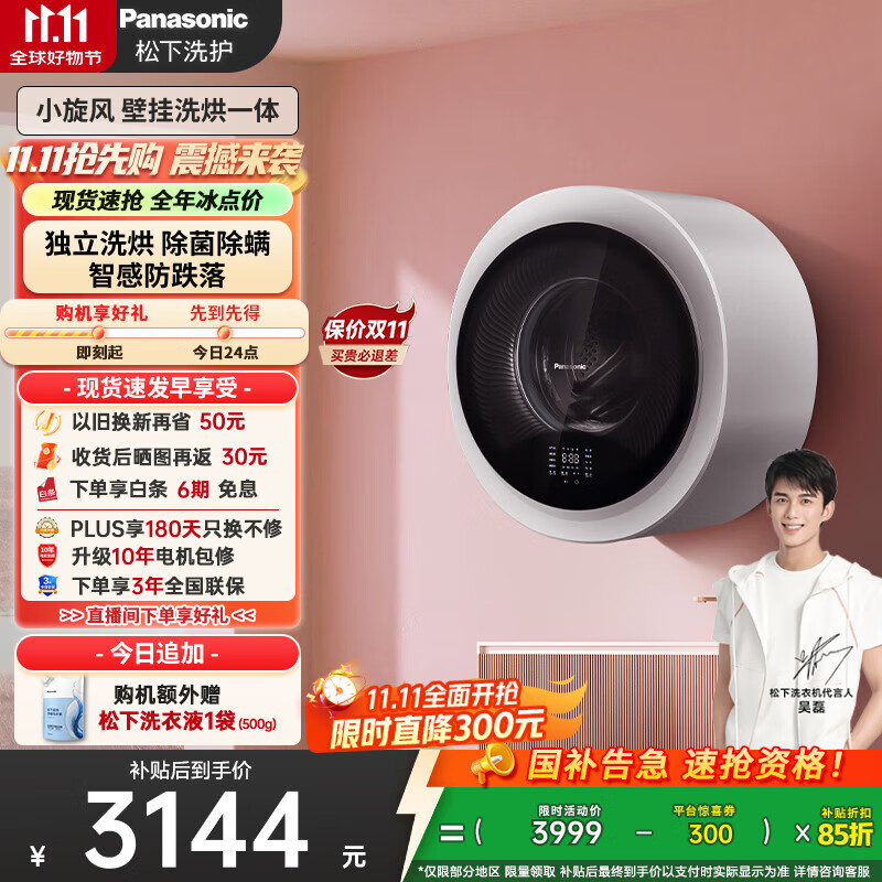 松下（Panasonic）【吴磊同款】滚筒壁挂洗衣机3kg全自动洗烘一体 迷你小型内衣洗衣机带烘干以旧换新国家补贴AD5