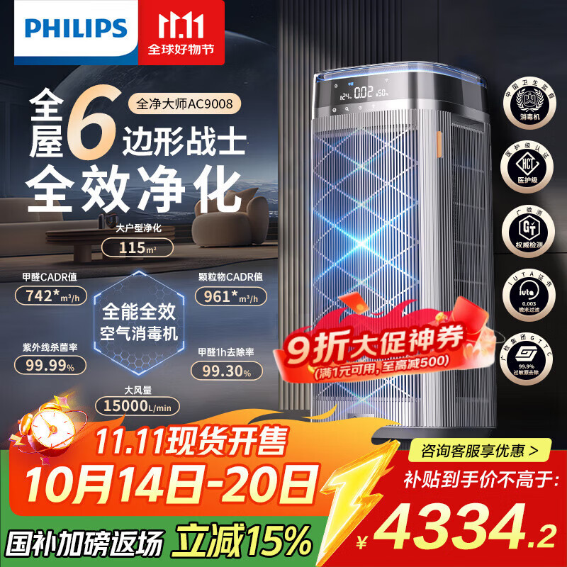 飞利浦（PHILIPS）空气净化器除甲醛神器新房急入住鼻炎专业家用宠物净化机除烟味病毒过敏原螨尘国家补贴AC9008