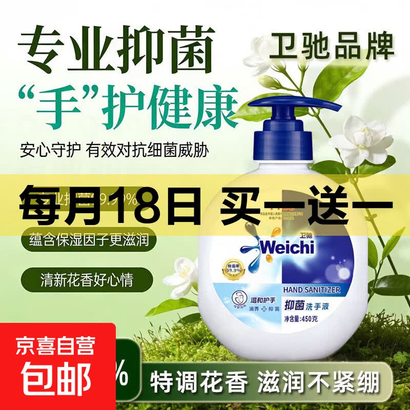 【爆品推荐】卫驰抑菌洗手液倍护滋润泡沫细腻清洁母婴可用按压式 450克*1瓶+1按压泵头【体验装】
