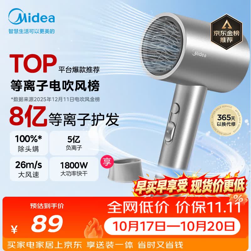 美的（Midea）8亿等离子护发电吹风 家用负离子护发吹风筒 1800W大功率快干吹风机FJ308银 节日礼物