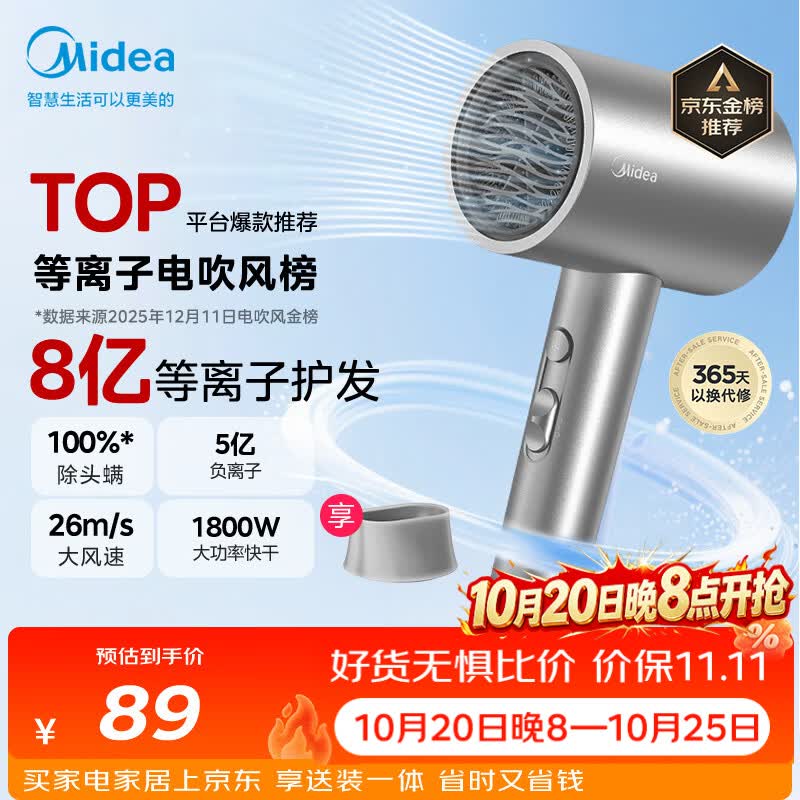 美的（Midea）8亿等离子护发电吹风 家用负离子护发吹风筒 1800W大功率快干吹风机FJ308银 节日礼物