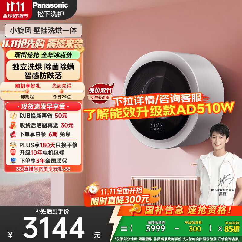 松下（Panasonic）【吴磊同款】滚筒壁挂洗衣机3kg全自动洗烘一体 迷你小型内衣洗衣机带烘干以旧换新国家补贴AD5