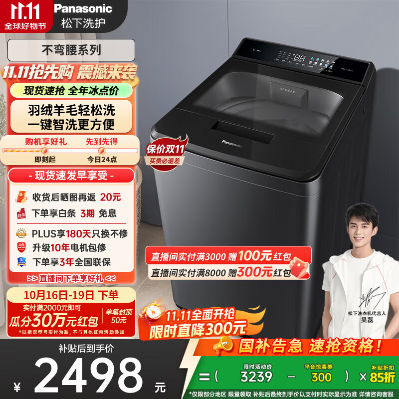 松下（Panasonic）【吴磊推荐】波轮洗衣机全自动10公斤 毛毯羽绒羊毛洗 触控操作内衣洗衣机不弯腰 国家补贴 U1