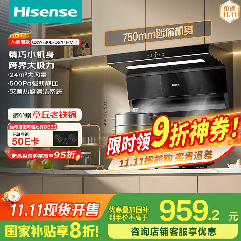 海信（Hisense）75公分小尺寸顶侧双吸24立方大吸力挥手自清洁家用小户型抽排吸油烟机出租房DS11HMini国家补贴20%